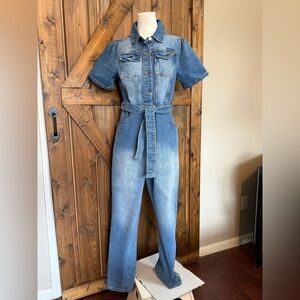 AVEC LES FILLES Women’s Straight Leg Denim Jean Jumpsuit Tie Sash Front Sz 31(L)